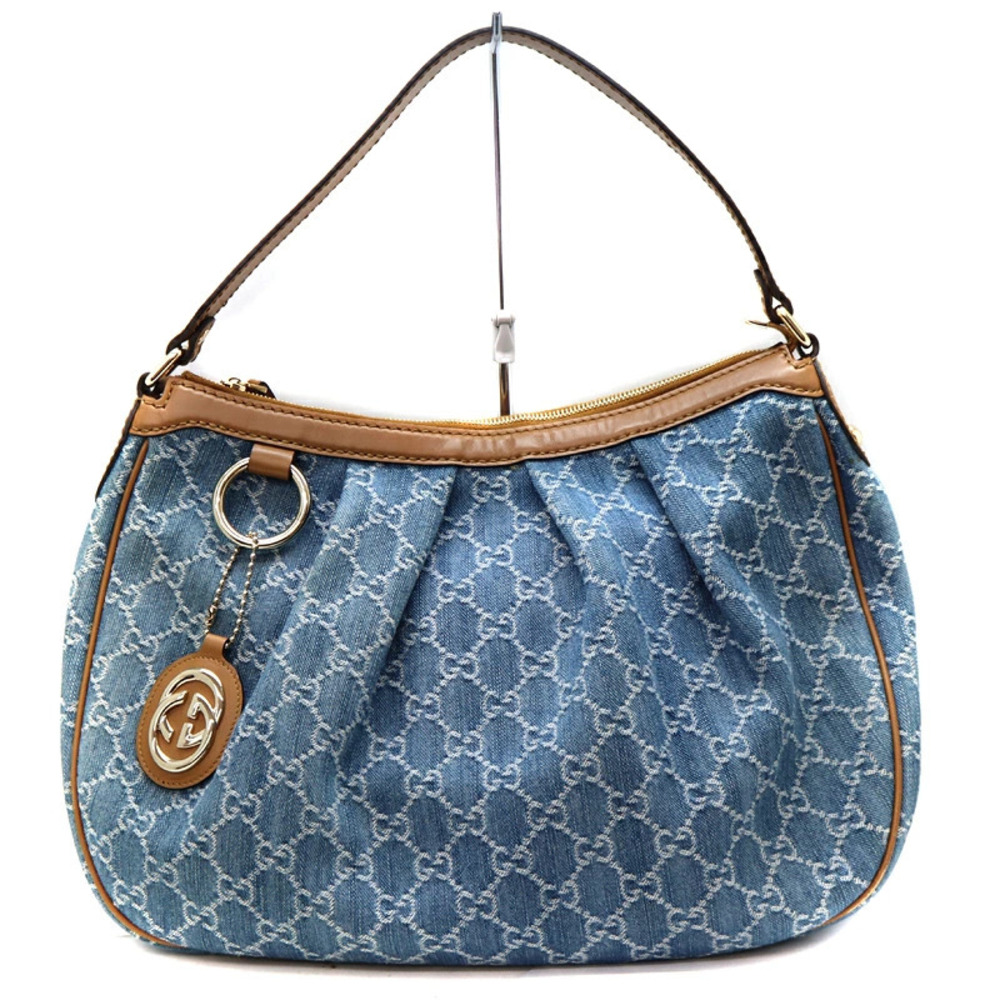 Gucci Sukey Shoulder Bag Denim Leather Blue Brown